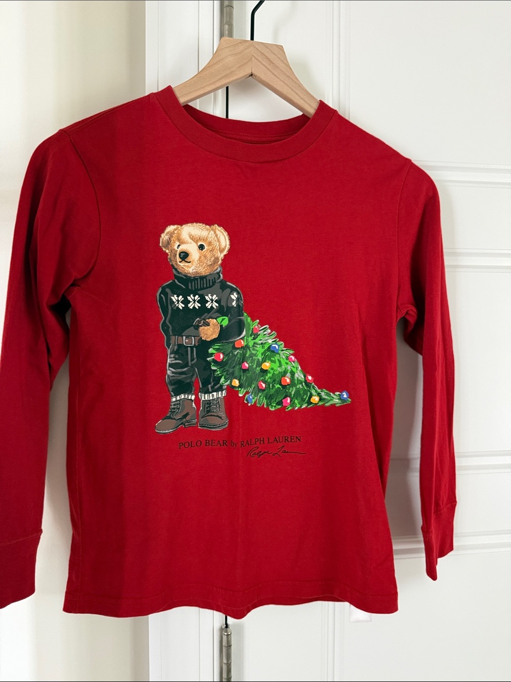 Ralph Lauren Red Long-Sleeve Polo Bear Tee with Holiday Tree Graphic